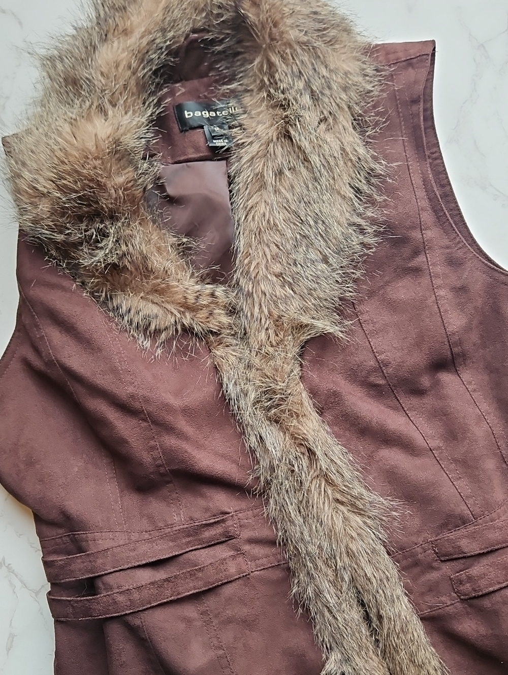 Bagatelle Brown Faux-Fur Trim Suede-Effect Vest M